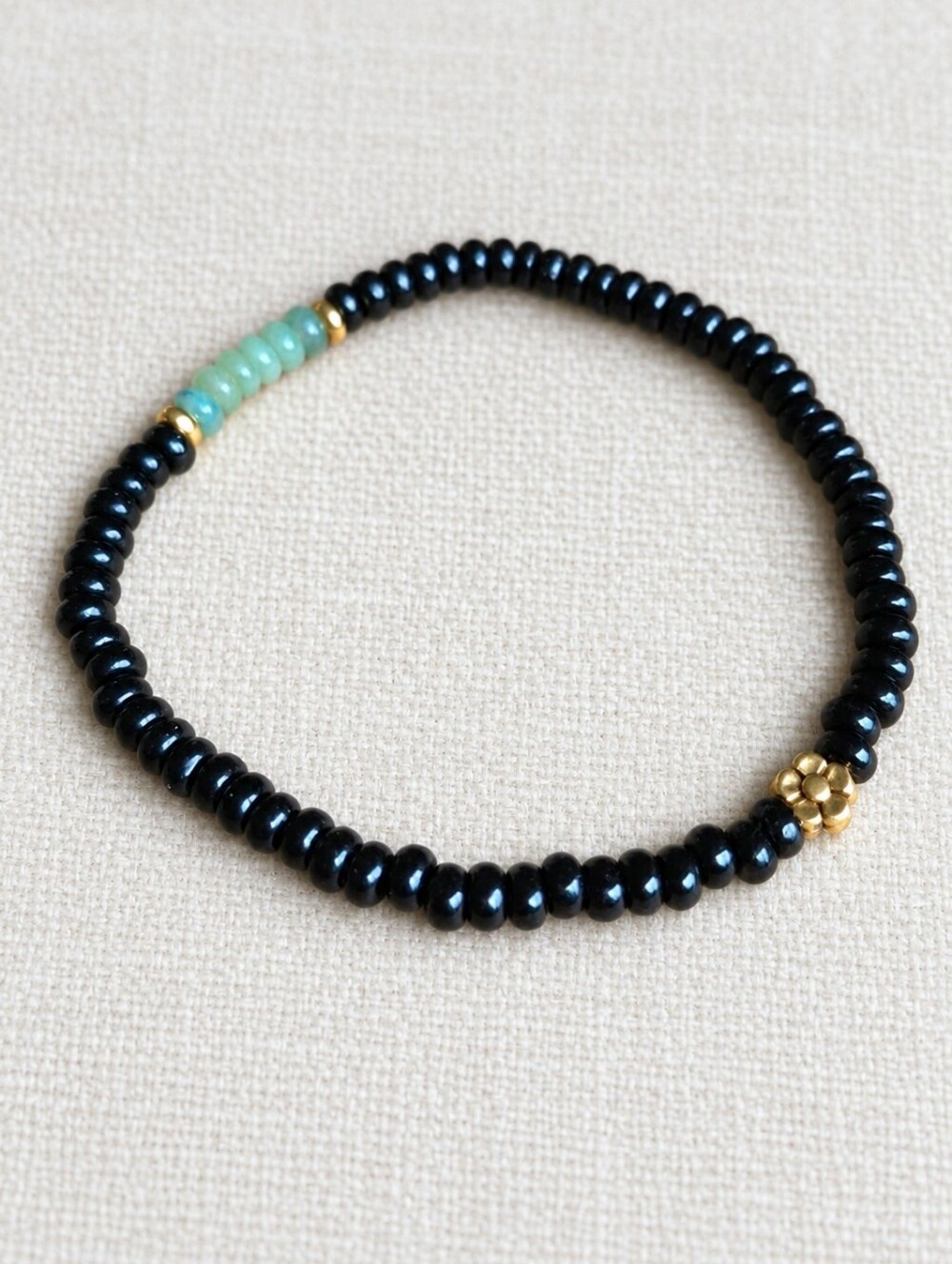 Black Obsidian & Green Jade Beaded Stretch Bracelet | Handmade